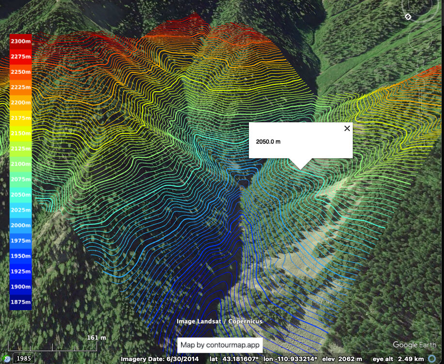 Contour maps overlay with elevation labels on Google Earth in 3D